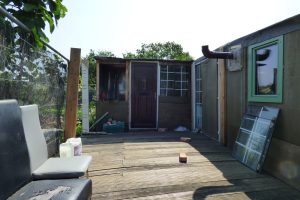 Many structures at Barrowfield Allotments have windows, doors and chimneys