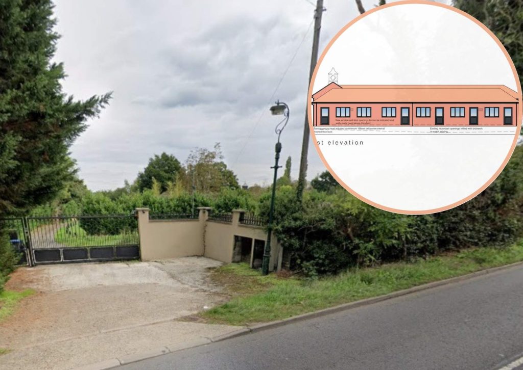 The entrance to the stables in Theobalds Park Road and (inset) Kedleston's school plans