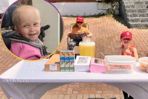 The lemonade stall and (inset) Lucy in her wheelchair