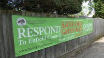 A 'save our Green Belt' banner in Hadley Wood