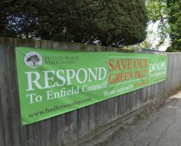 A 'save our Green Belt' banner in Hadley Wood