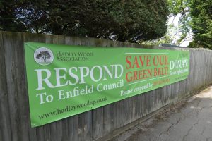 A 'save our Green Belt' banner in Hadley Wood