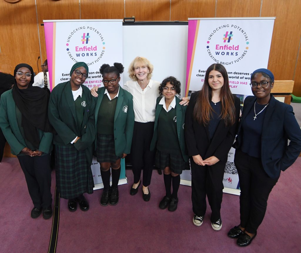 ECT chair Janet Leach MBE with Enfield County School for Girls pupils at Enfield Civic Centre for the launch of #EnfieldWorks