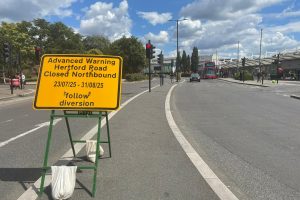 A roadworks sign in Hertford Road, Edmonton Green