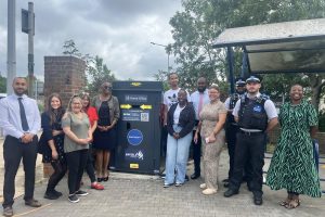 The new knife amnesty bin is on the corner of Sterling Way and the entrance to North Mid Hospital