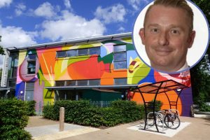 Enfield Town Library mural with (inset) Chris Dey