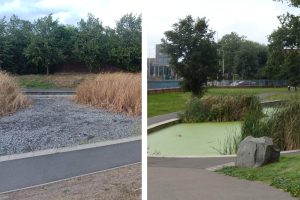 Pymmes Park's ornamental pond pictured this week (left) and in a previous summer (right)