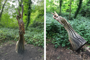 The wooden heron after being vandalised (right) and now that it's been repaired (left)