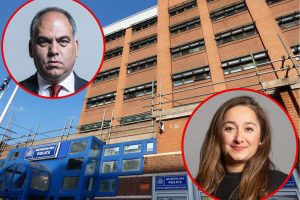 Edmonton Police Station and (inset right) Feryal Clark MP and (inset left) Bambos Charalambous MP