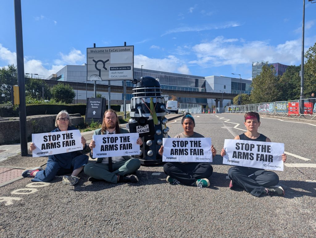 Green Party assembly members protesting against DSEI Arms Fair