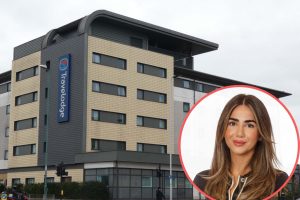 Cabinet member for housing Ayten Guzel (inset) and Enfield Travelodge, one of the hotels frequently used for housing homeless families from 2022-2024