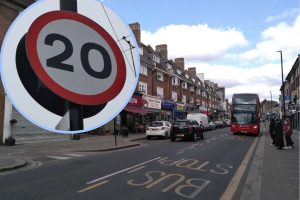 Green Lanes in Palmers Green and (inset) a 20mph sign