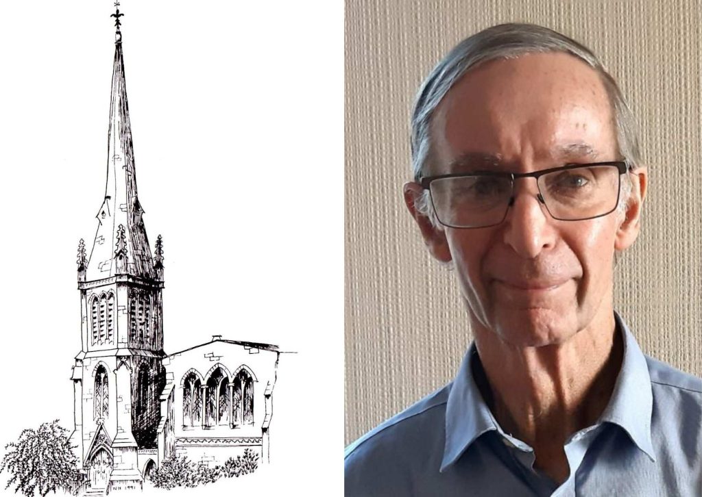 A drawing of Christ Church (left) and Roderick Elmer (right)