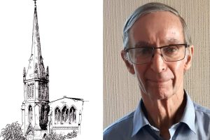 A drawing of Christ Church (left) and Roderick Elmer (right)