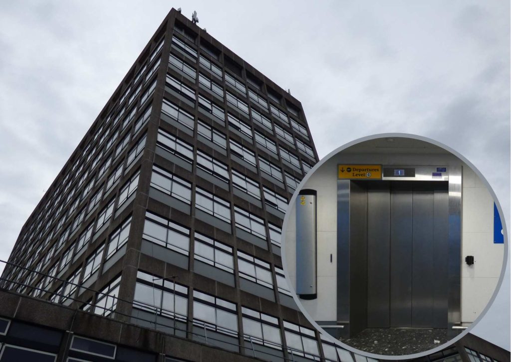 North Middlesex Hospital and (inset) a lift