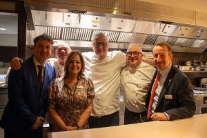 Left to right: Peter Landstrom, group chief executive, the Royal Free London NHS Foundation Trust; Mark Edwards, head chef, Nobu; Judy Dewinter, chair, Royal Free Charity, Richard Corrigan; Roger Pizey, head pastry chef, Fortnum & Mason; Simon Lyons, trustee, Royal Free Charity