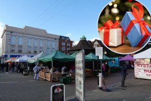 Market Square in Enfield and (inset) Christmas presents (credit www.scribbler.com)