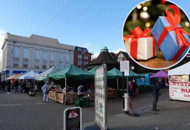 Market Square in Enfield and (inset) Christmas presents (credit www.scribbler.com)