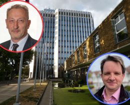 Enfield Civic Centre with (left) cabinet member for finance Tim Leaver and (right) shadow finance spokesperson James Hockney