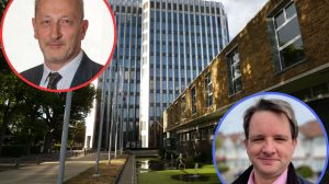Enfield Civic Centre with (left) cabinet member for finance Tim Leaver and (right) shadow finance spokesperson James Hockney