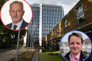 Enfield Civic Centre with (left) cabinet member for finance Tim Leaver and (right) shadow finance spokesperson James Hockney
