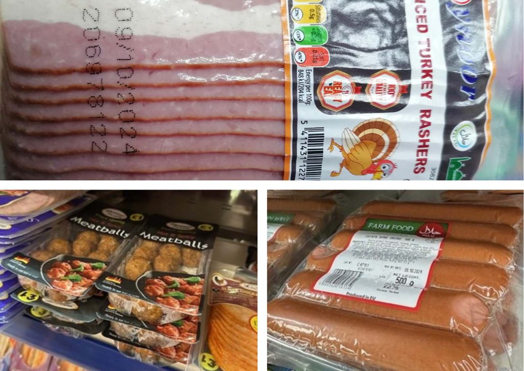 Food found past its use by date by Enfield Council’s food safety team, clockwise from top; Turkey rashers at Cockfosters Food and Wine, sausages at Costcutter, and meatballs at Forty Hill Food and Wine