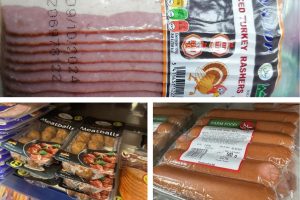 Food found past its use by date by Enfield Council’s food safety team, clockwise from top; Turkey rashers at Cockfosters Food and Wine, sausages at Costcutter, and meatballs at Forty Hill Food and Wine