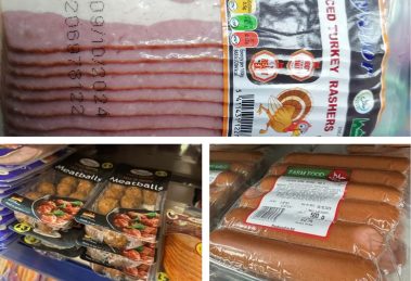 Food found past its use by date by Enfield Council’s food safety team, clockwise from top; Turkey rashers at Cockfosters Food and Wine, sausages at Costcutter, and meatballs at Forty Hill Food and Wine
