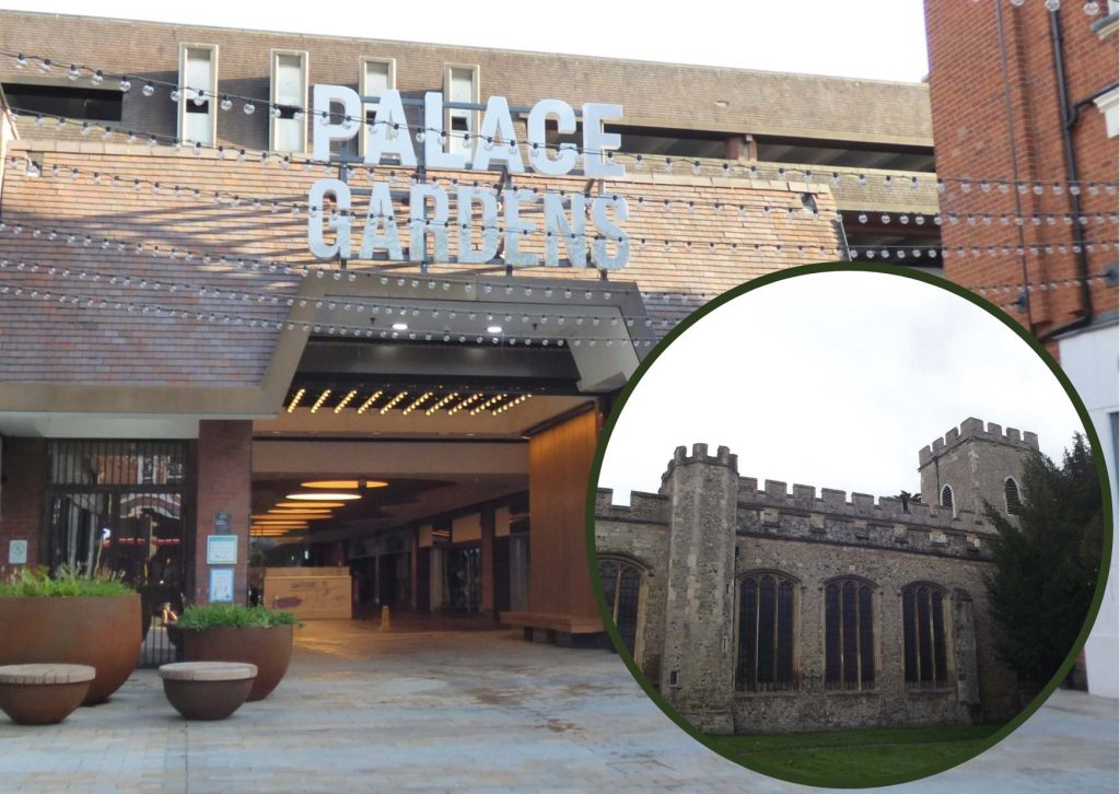 Palace Gardens Shopping Centre in Enfield Town and (inset) St Andrew's Church