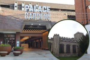 Palace Gardens Shopping Centre in Enfield Town and (inset) St Andrew's Church