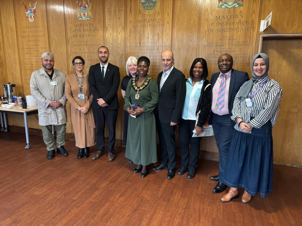 Faith group leaders at Enfield Civic Centre with council leader Ergin Erbil and mayor Margaret Greer