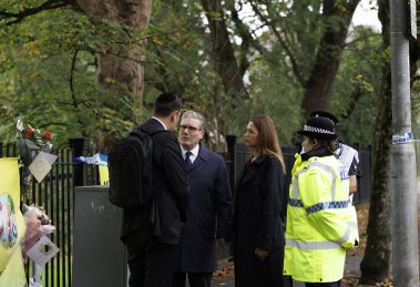 Prime Minister Sir Keir Starmer visits the scene at Heaton Park Hebrew Congregation Synagogue (credit Lauren Hurley-10 Downing Street via Wikimedia Commons)