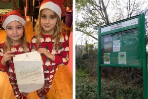Lola and Mitzi with their letter from Buckingham Palace (left) and Hilly Fields Park (right)