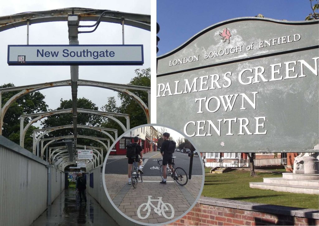 New Southgate Station (left), Palmers Green (right) and cycling (centre)