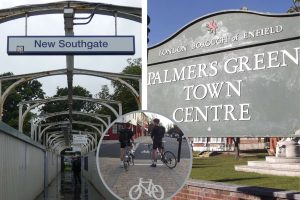 New Southgate Station (left), Palmers Green (right) and cycling (centre)
