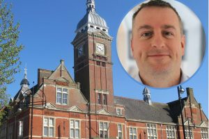 Philip Young (inset, credit Pracedo) and Swindon Town Hall (credit Mewwiii via Wikimedia Commons)