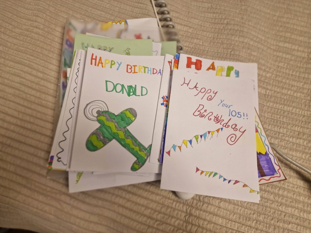 Some of the handmade birthday cards given to Donald