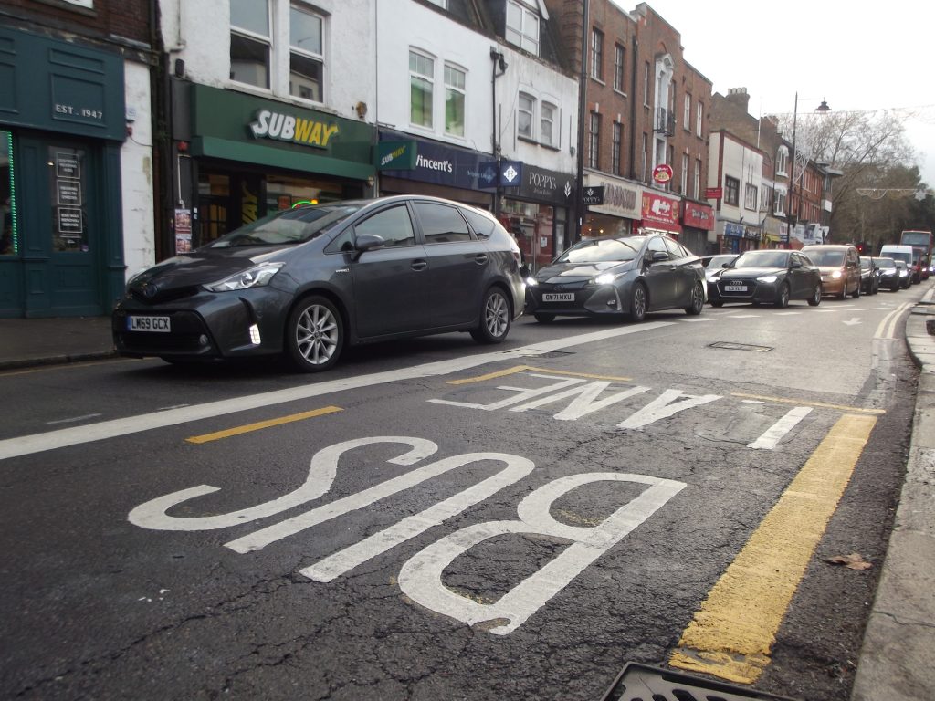 The bus lane in Church Street, Enfield Town, is causing traffic to back up beyond the town centre