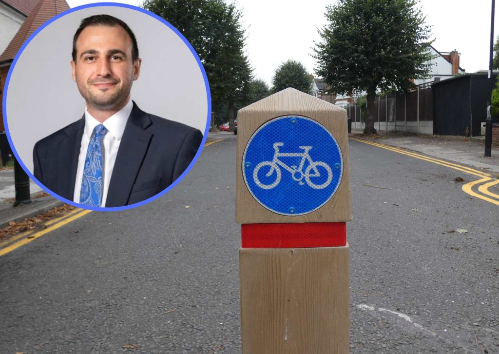 The low-traffic neighbourhood in Fox Lane and (inset) Conservative group leader Alessandro Georgiou