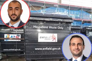 Bins in Enfield with (inset left) council leader Ergin Erbil and (inset right) Alessandro Georgiou