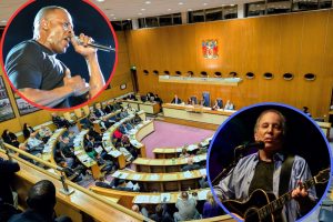 The council chamber during the budget debate with (inset left) Dr Dre and (inset right) Paul Simon