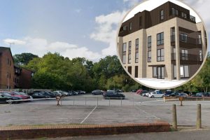 The car park in Gladbeck Way and (inset) the design for the new flats