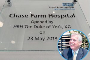 The plaque previously at Chase Farm Hospital and (inset) Andrew Mountbatten-Windsor at the opening event in May 2019
