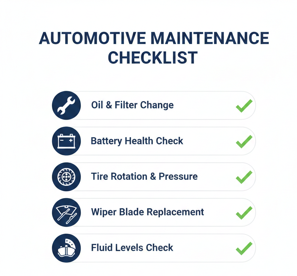 Automotive Maintenance checklist: Oil & filter change, Battery health check, Tyre Rotation & pressure, wiper blade replacement, fluid level checks