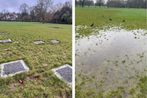 The manholes at Arnos Park (left) and (right) persistent flooding (credit Friends of Arnos Park)