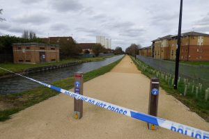 The crime scene at the New River following the discovery of a dead body