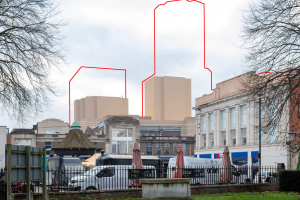 An image showing the scale of previous Palace Gardens proposal (in red) with the new plan coloured in brown/beige (credit DWS)