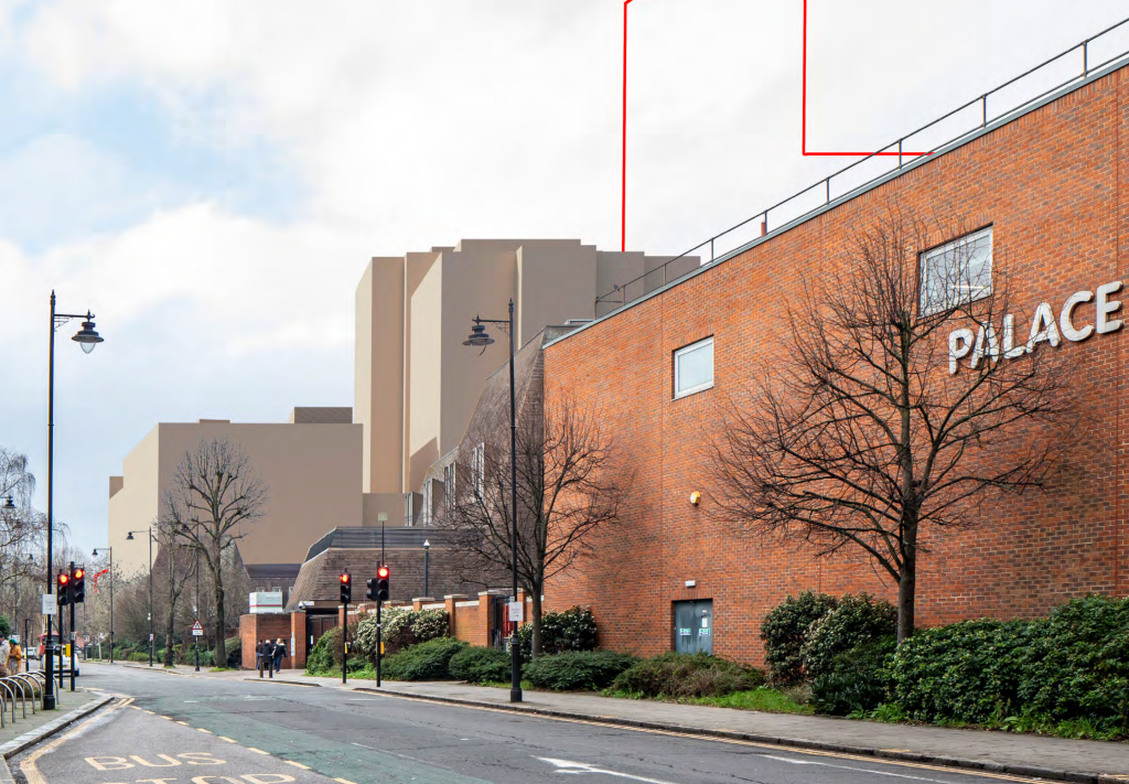 The newly proposed development in brown/beige with the scale of the previous proposal outlined in red (credit DWS)