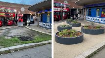The Southgate Station flowerbed, before and after its transformation (credit Dan Maier)