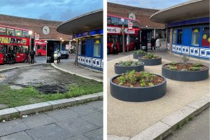 The Southgate Station flowerbed, before and after its transformation (credit Dan Maier)